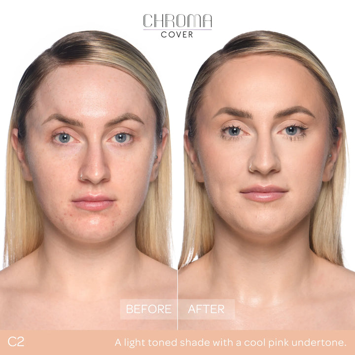 Before and after comparison of a woman's face with Chroma Cover foundation application.