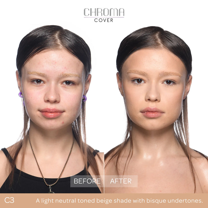 Before and after comparison of a woman's face with Chroma Cover foundation application.