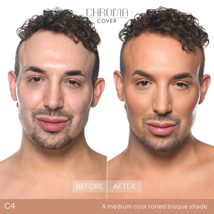 Before and after comparison of a woman's face with Chroma Cover foundation application.
