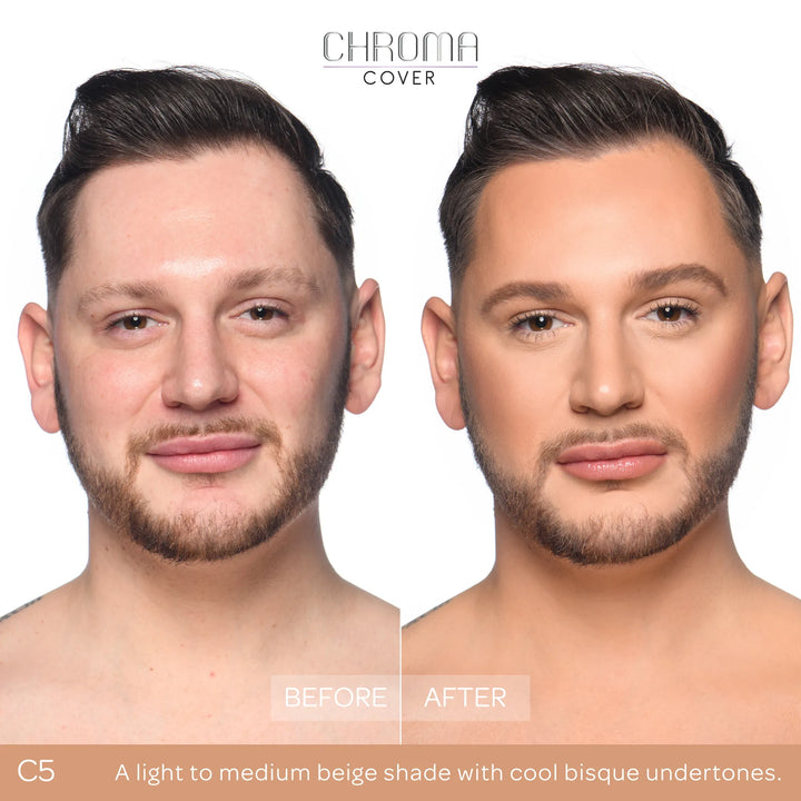 Before and after comparison of a woman's face with Chroma Cover foundation application.