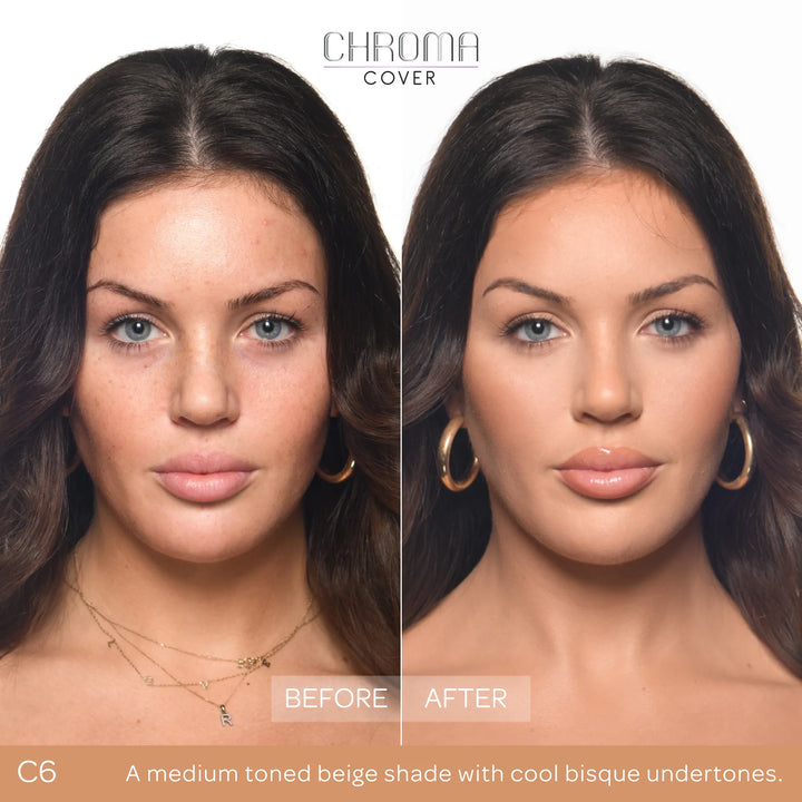 Before and after comparison of a woman's face with Chroma Cover foundation application.
