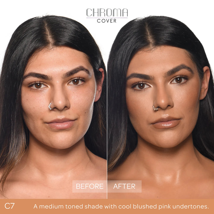 Before and after comparison of a woman's face with Chroma Cover foundation application.
