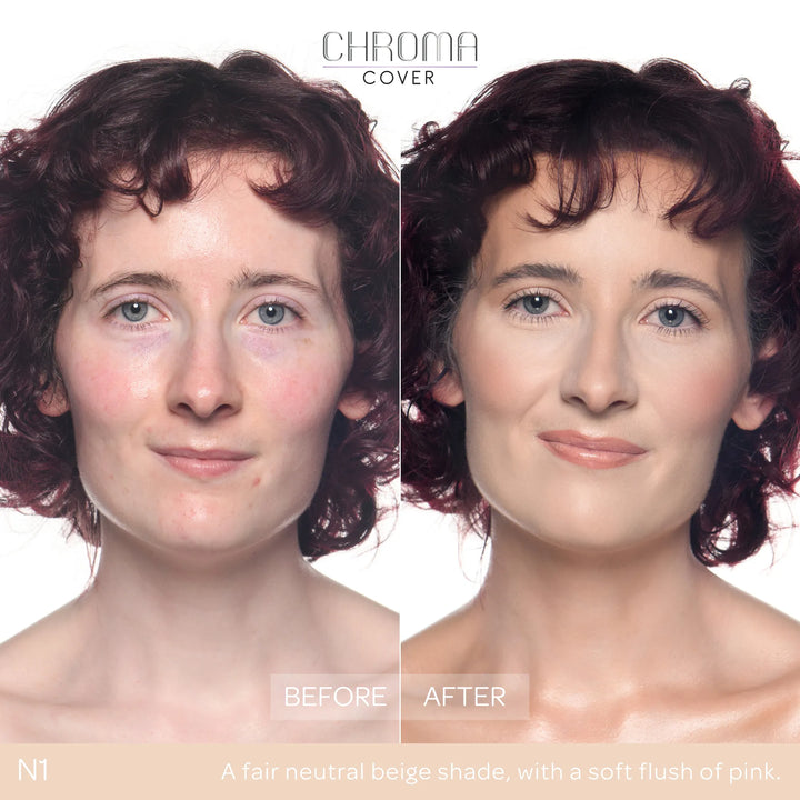Before and after comparison of a woman's face with Chroma Cover foundation application.