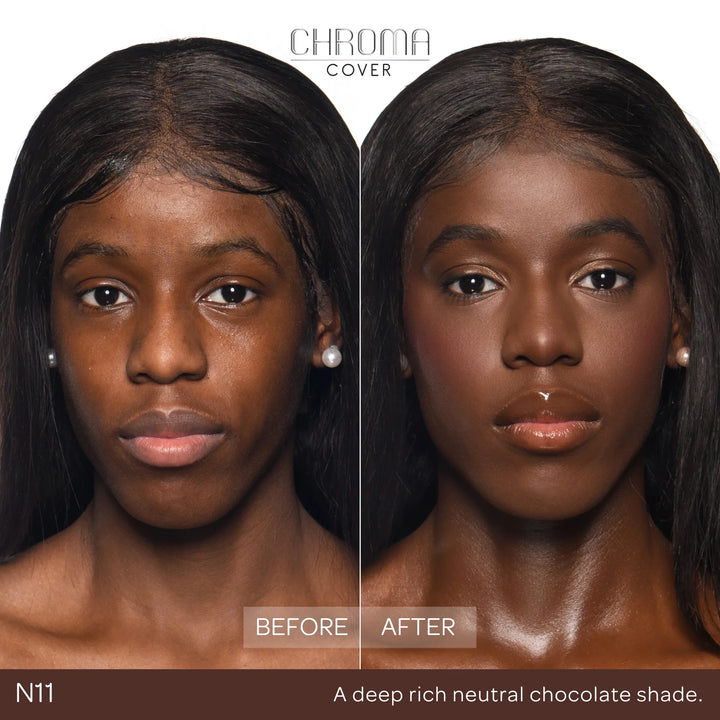 Before and after comparison of a woman's face with Chroma Cover foundation application.