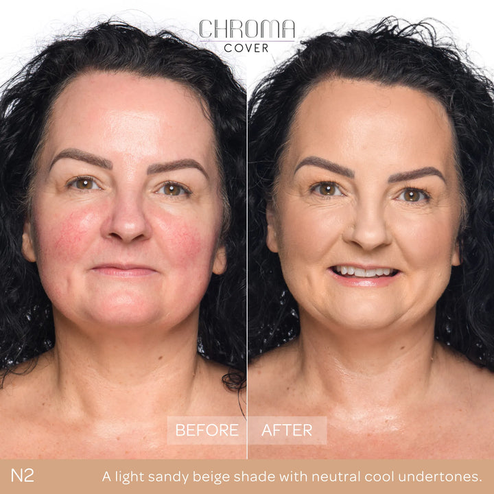 Before and after comparison of a woman's face with Chroma Cover foundation application.