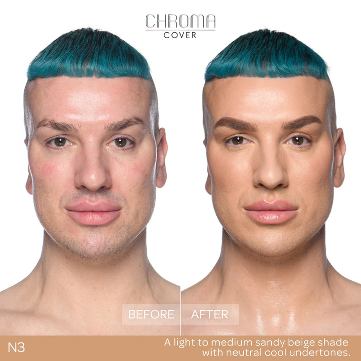 Before and after comparison of a woman's face with Chroma Cover foundation application.