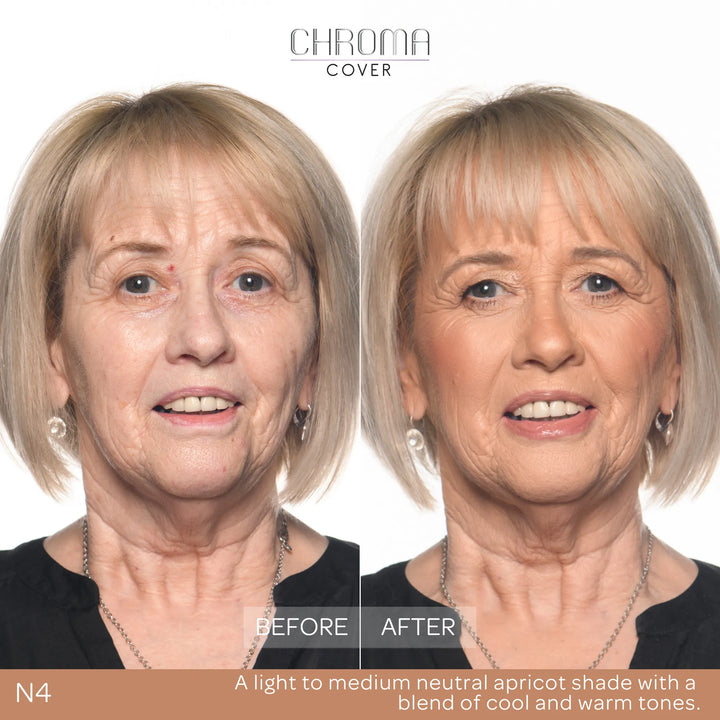 Before and after comparison of a woman's face with Chroma Cover foundation application.