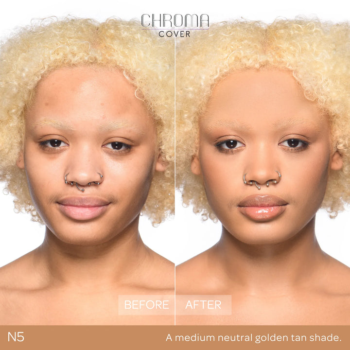 Before and after comparison of a woman's face with Chroma Cover foundation application.