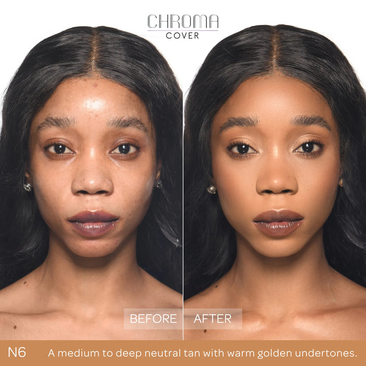 Before and after comparison of a woman's face with Chroma Cover foundation application.