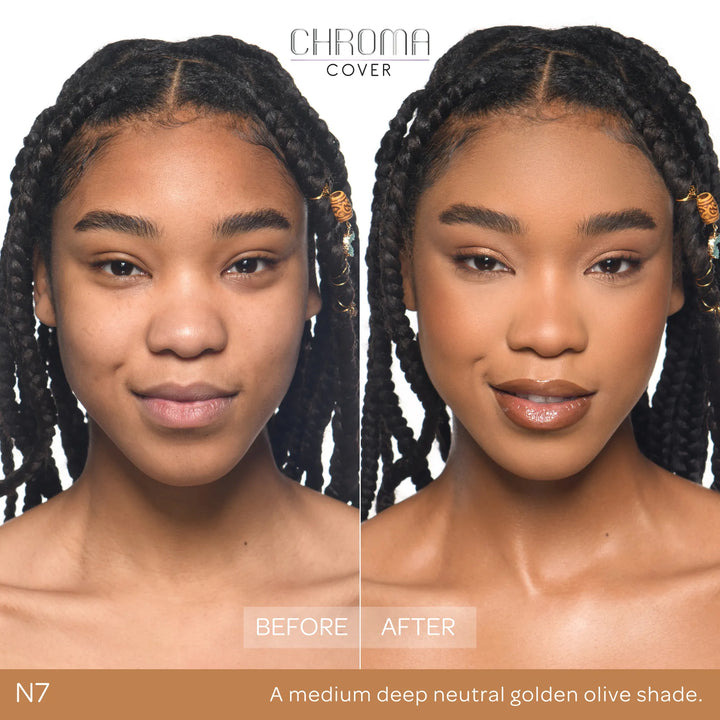 Before and after comparison of a woman's face with Chroma Cover foundation application.
