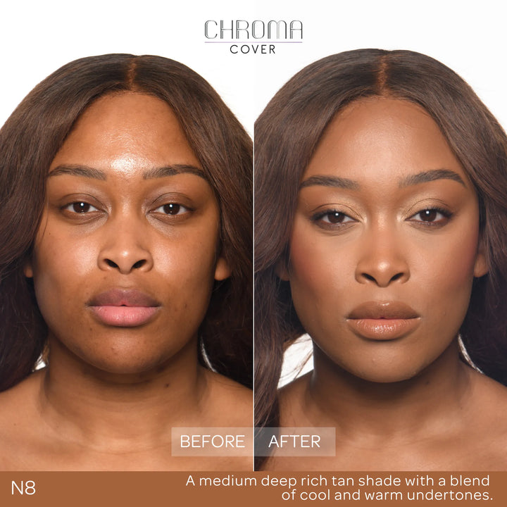 Before and after comparison of a woman's face with Chroma Cover foundation application.