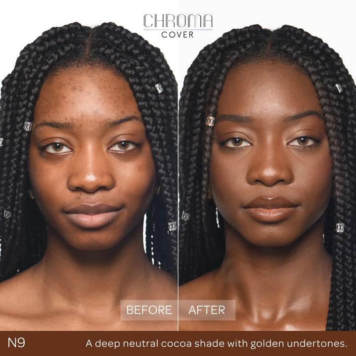 Before and after comparison of a woman's face with Chroma Cover foundation application.