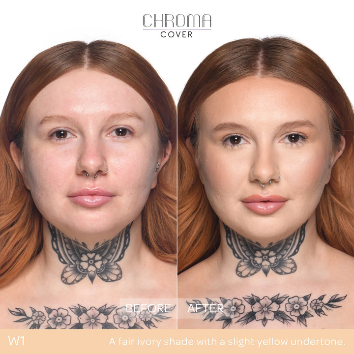 Before and after comparison of a woman's face with Chroma Cover foundation application.