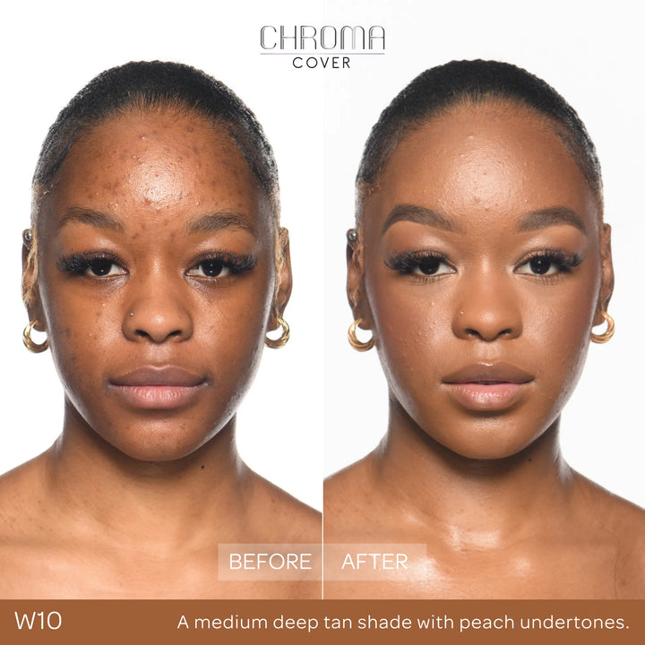 Before and after comparison of a woman's face with Chroma Cover foundation application.