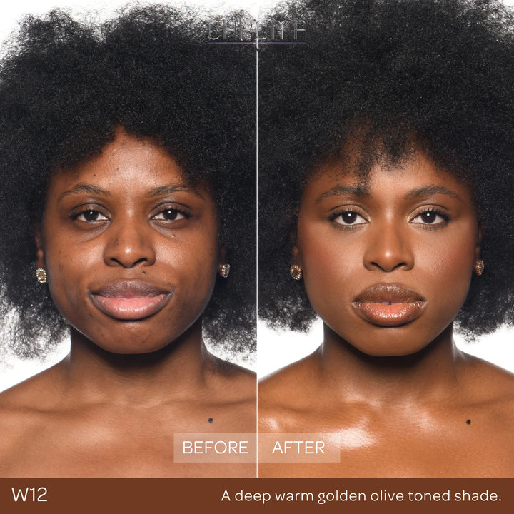 Before and after comparison of a woman's face with Chroma Cover foundation application.