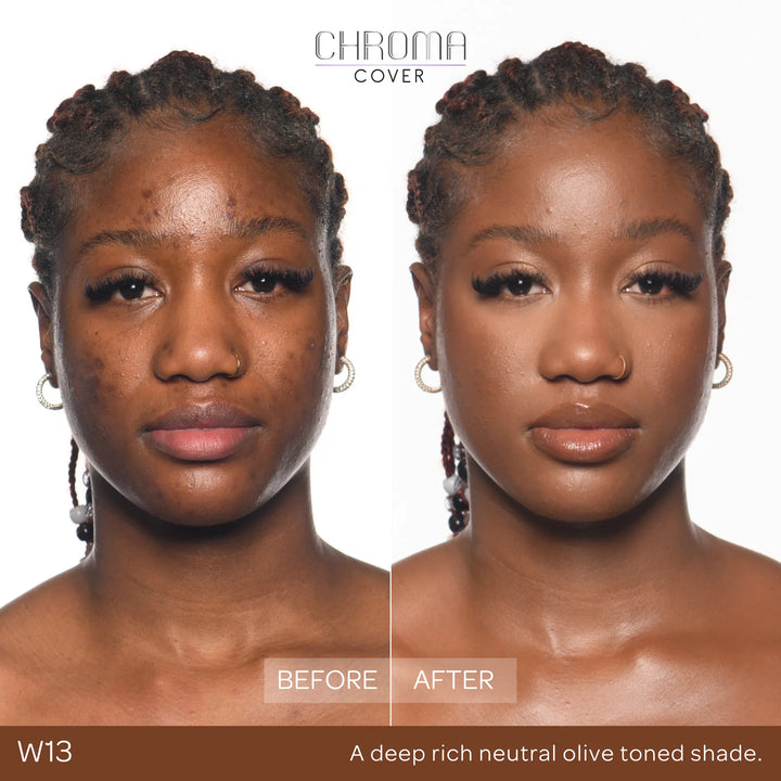 Before and after comparison of a woman's face with Chroma Cover foundation application.