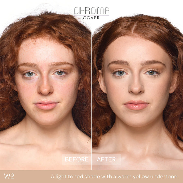 Before and after comparison of a woman's face with Chroma Cover foundation application.