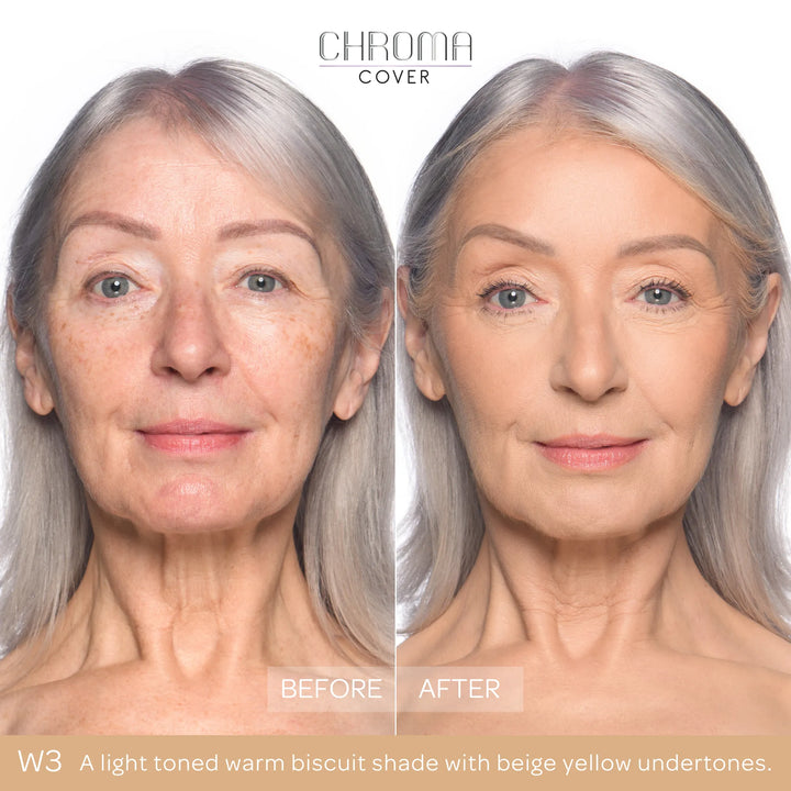 Before and after comparison of a woman's face with Chroma Cover foundation application.