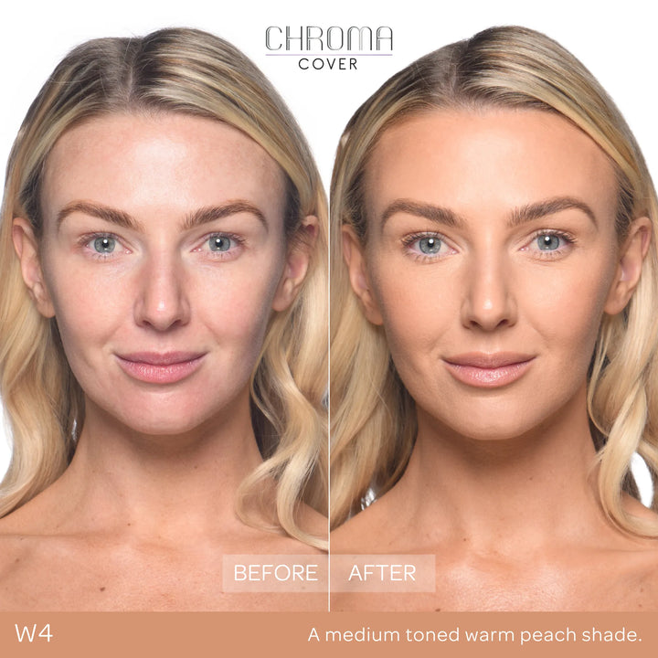 Before and after comparison of a woman's face with Chroma Cover foundation application.