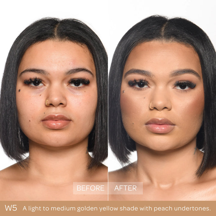Before and after comparison of a woman's face with Chroma Cover foundation application.