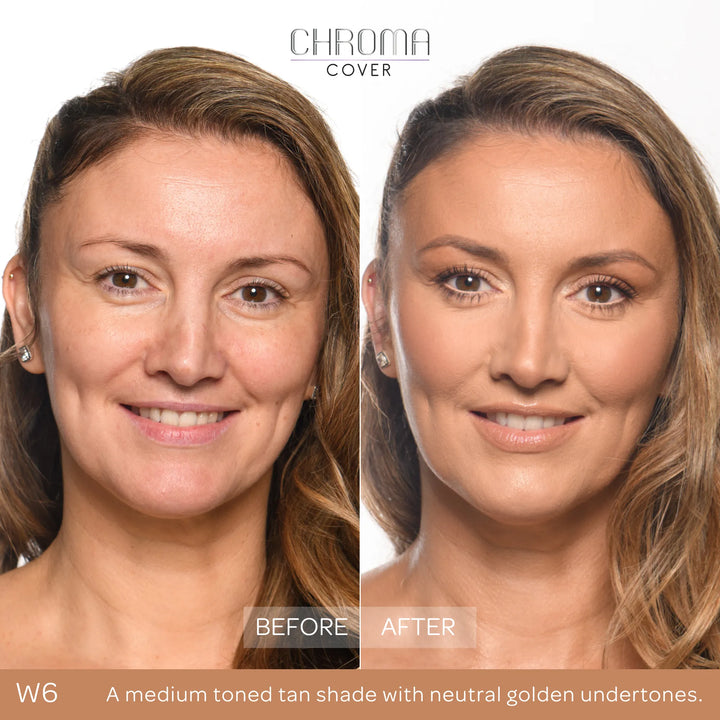 Before and after comparison of a woman's face with Chroma Cover foundation application.