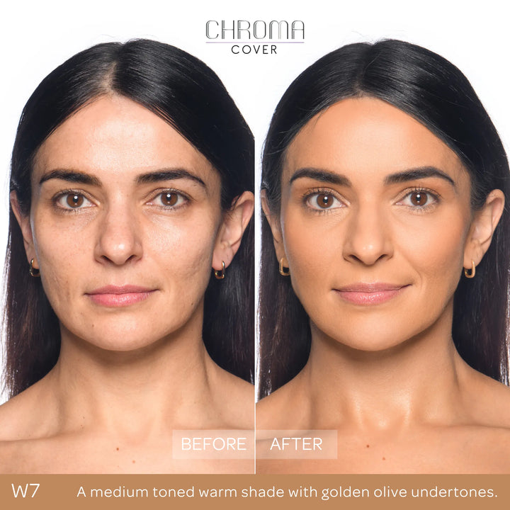 Before and after comparison of a woman's face with Chroma Cover foundation application.