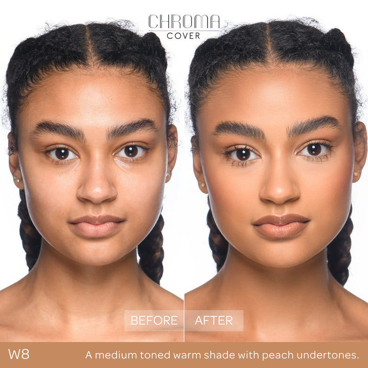 Before and after comparison of a woman's face with Chroma Cover foundation application.