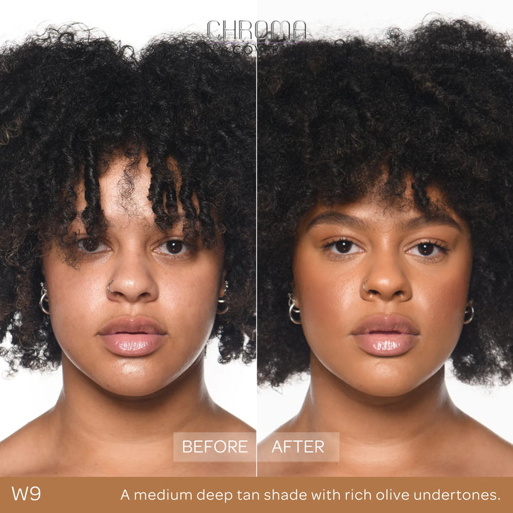 Before and after comparison of a woman's face with Chroma Cover foundation application.
