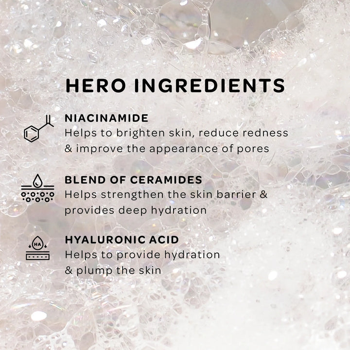 Text overlay of skincare hero ingredient benefits on a bubble background