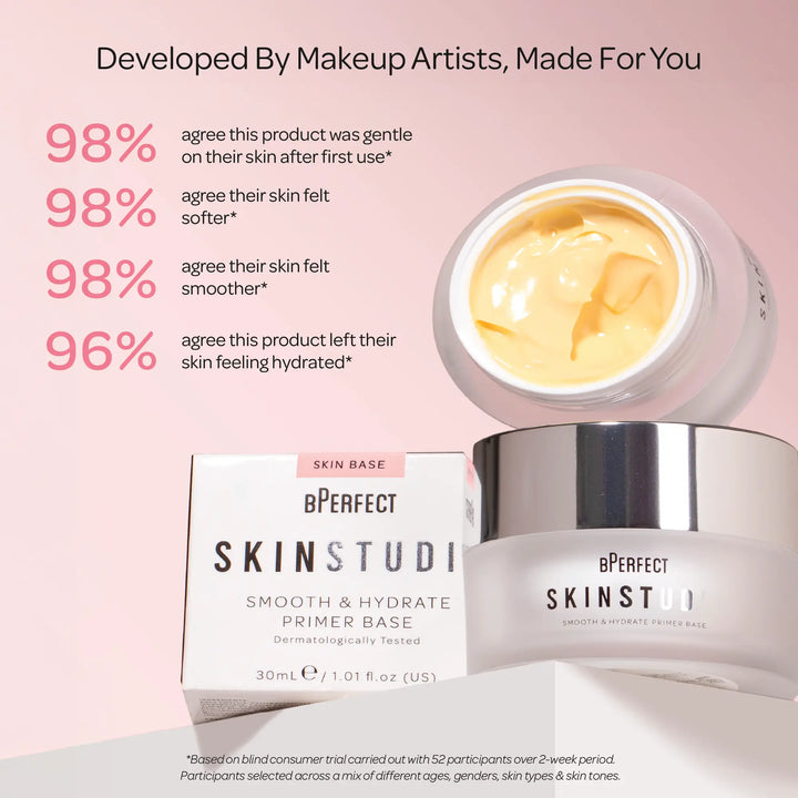 BPerfect Skin Studio skincare product with packaging on a pink background with text detailing user feedback