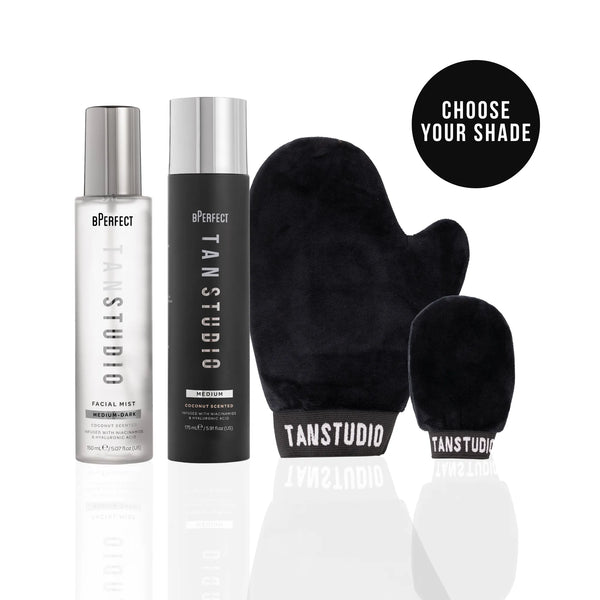 Tan Studio products including bottles and a mitt on a white background
