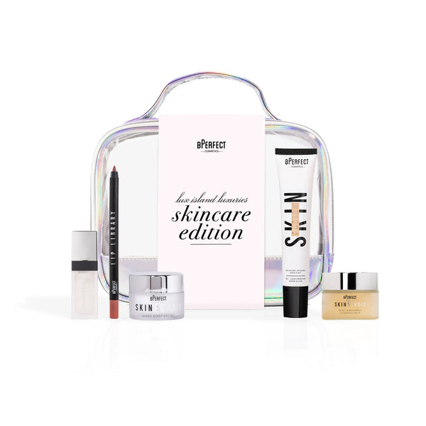 BPerfect skincare products including a clear pouch, bottles, and jars on a white background