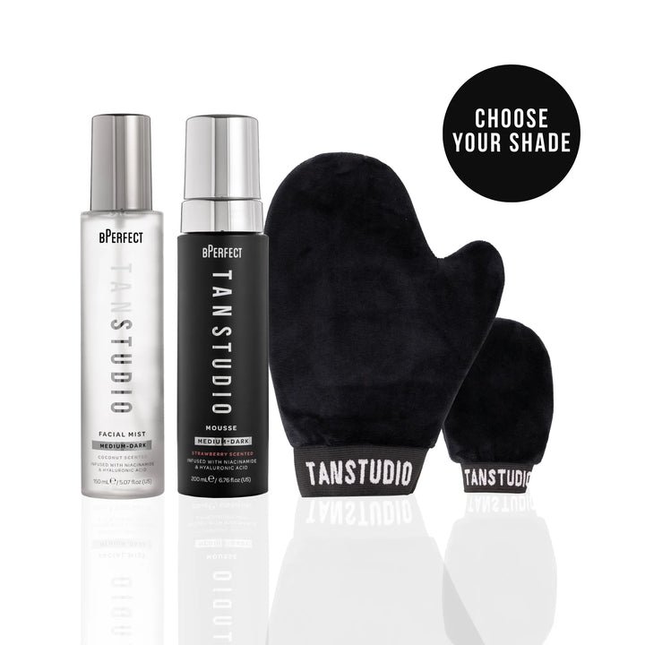 Tan Studio products including a facial mist, mousse, and mitt on a white background.