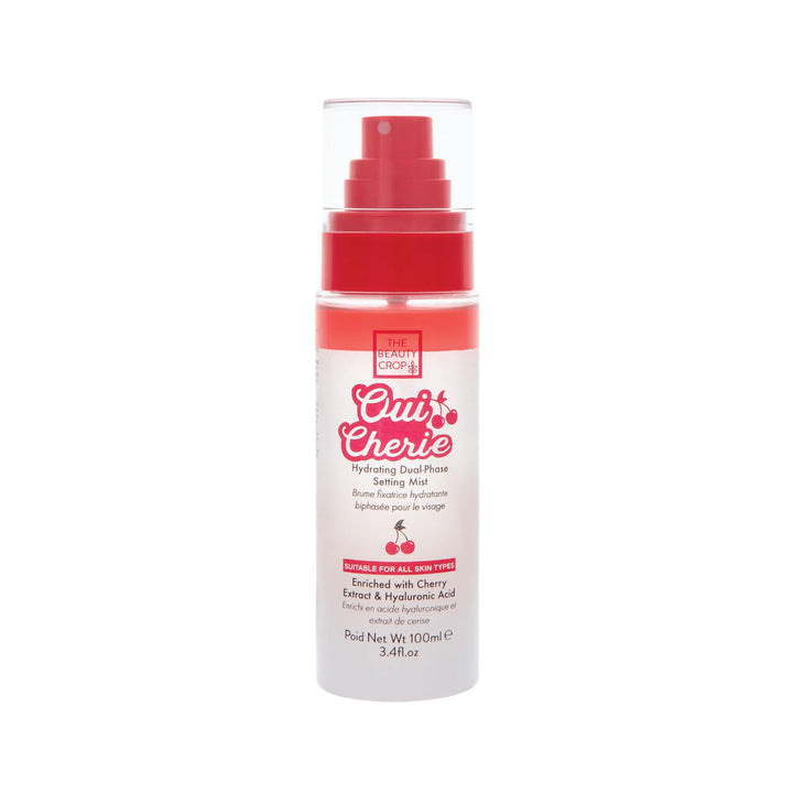 The beauty crop oui cherie hydrating dual-phase setting mist white bottle with red spray cap on a white background
