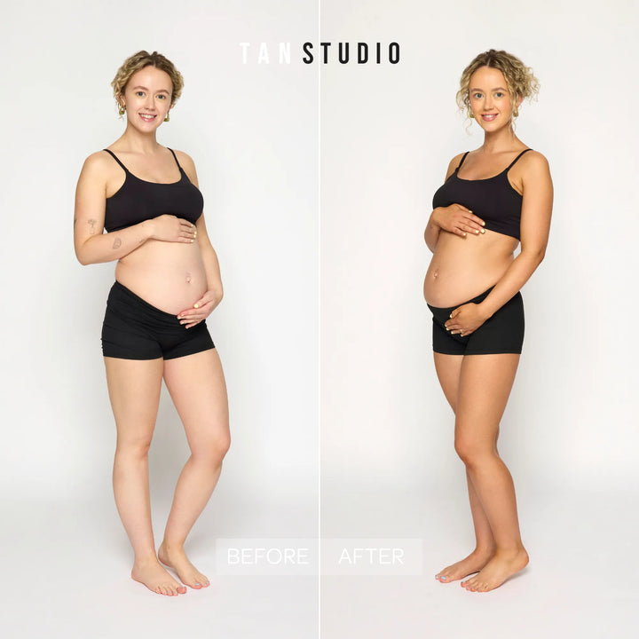 Before and after comparison of a pregnant woman wearing black maternity underwear on a white background with 'TAN STUDIO' branding.