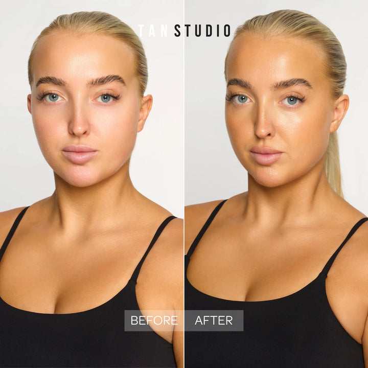 Before and after comparison of a woman wearing a black top on a plain background.