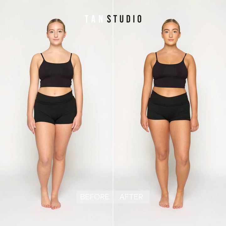 Before and after comparison of a model wearing black tank top and shorts on a white background with 'Tan Studio' branding.