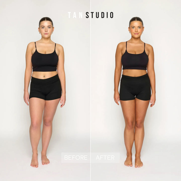 Before and after comparison of a person wearing black athletic wear on a white background with 'Tan Studio' branding.