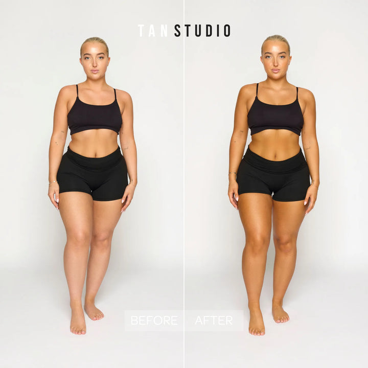 Before and after tan studio transformation of a person wearing black athletic wear on a white background.
