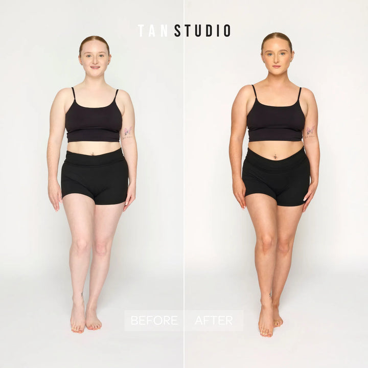 Before and after comparison of a person wearing black athletic wear on a white background with 'Tara Studio' branding.