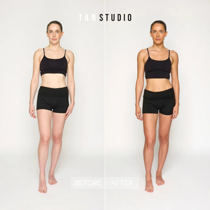 Before and after tan studio comparison of a person wearing black athletic wear on a white background.