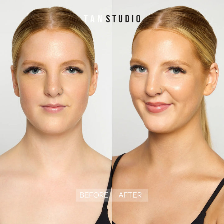 Before and after makeup comparison of a woman with 'Tan Studio' branding.