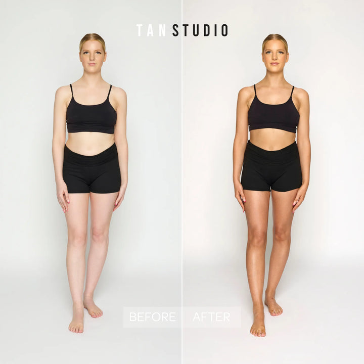 Before and after tan studio comparison of a person wearing black athletic wear on a white background.