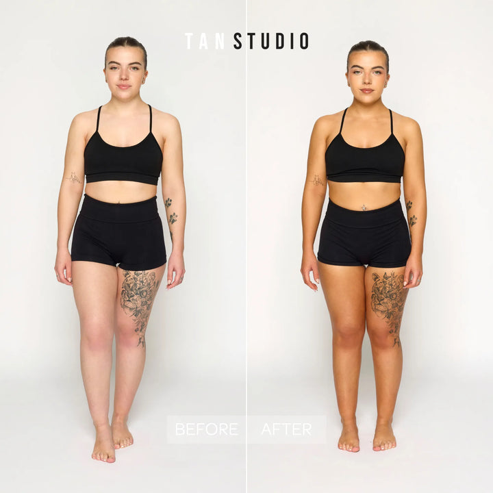Before and after comparison of a person wearing black athletic wear on a white background, with 'Tan Studio' branding.