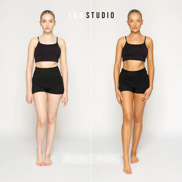 Before and after comparison of a person wearing black athletic wear on a white background, with 'TAN STUDIO' branding.