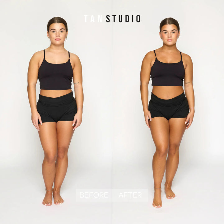 Before and after comparison of a person wearing black athletic wear on a white background.