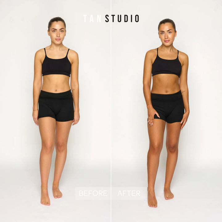 Before and after comparison of a person wearing black athletic wear on a white background with 'Tara Studio' branding.