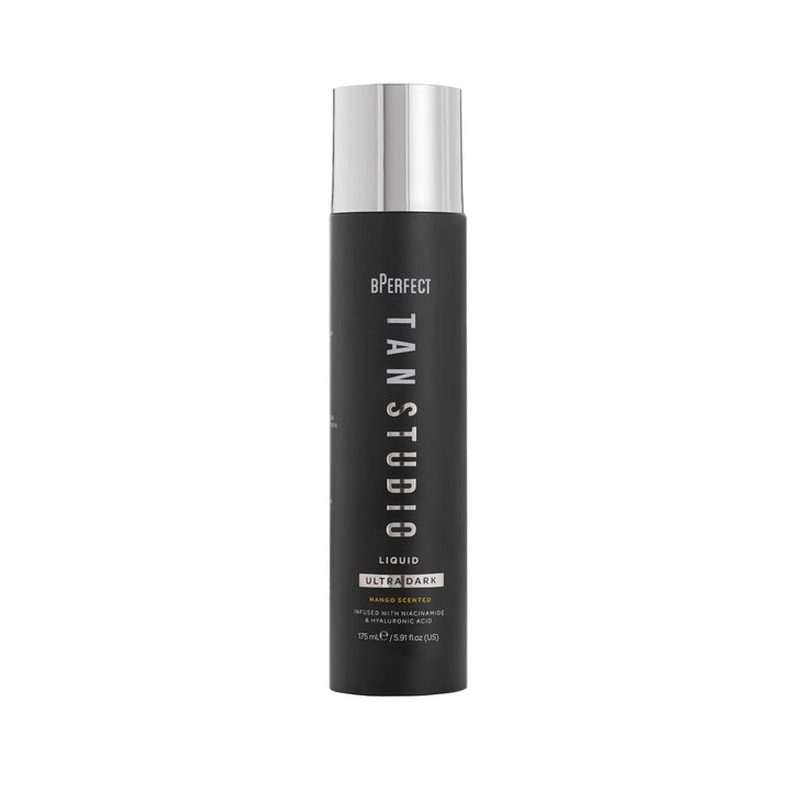 Black bottle with silver cap labeled 'bPerfect Tan Studio' on a white background