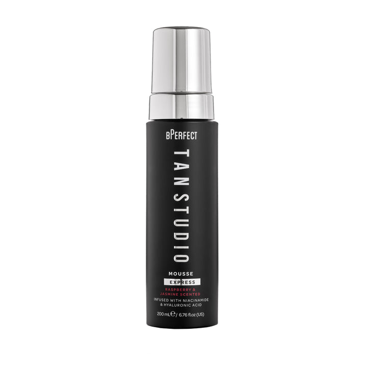 Black bottle with silver cap labeled 'bPerfect Tan Studio' on a white background