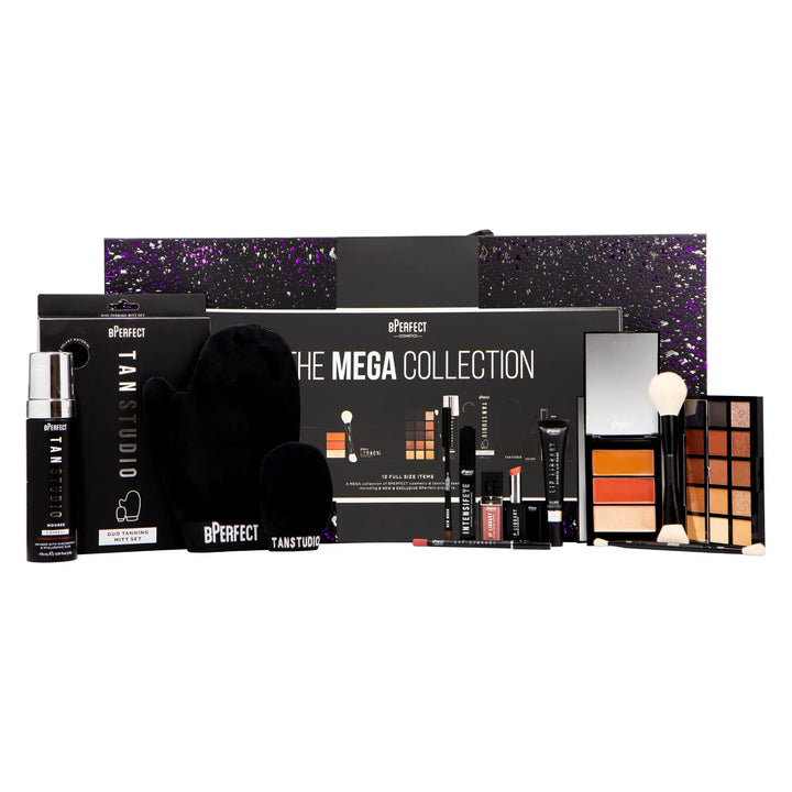 bPerfect Cosmetics Mega Collection with products Infront of packaging: including palettes, tanning sets, brushes, eyeliner, mascara and lip liner on a white background